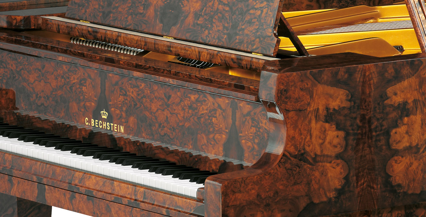 Close-up of wood finish on C. Bechstein grand piano