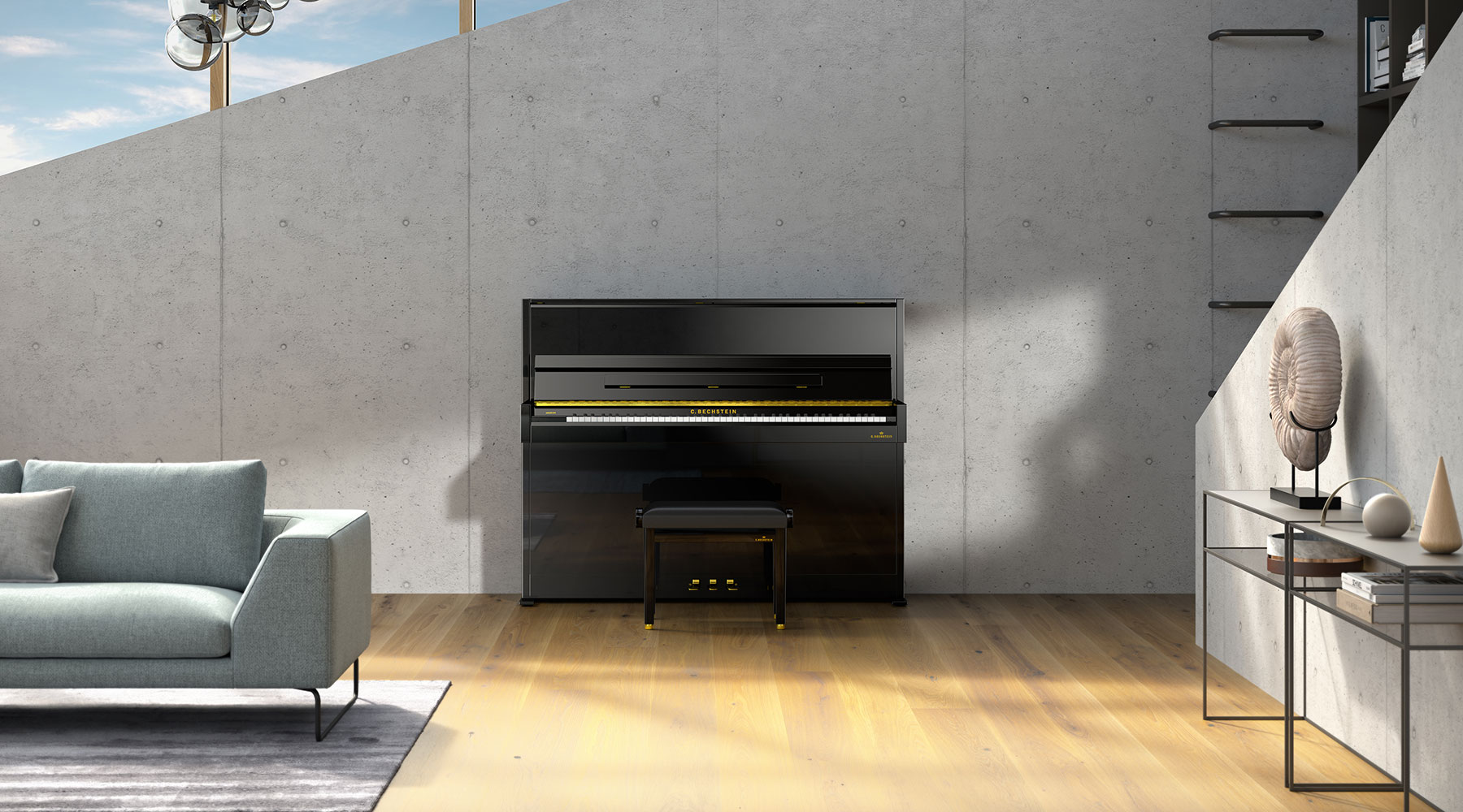 C. Bechstein upright piano in a minimalist living room