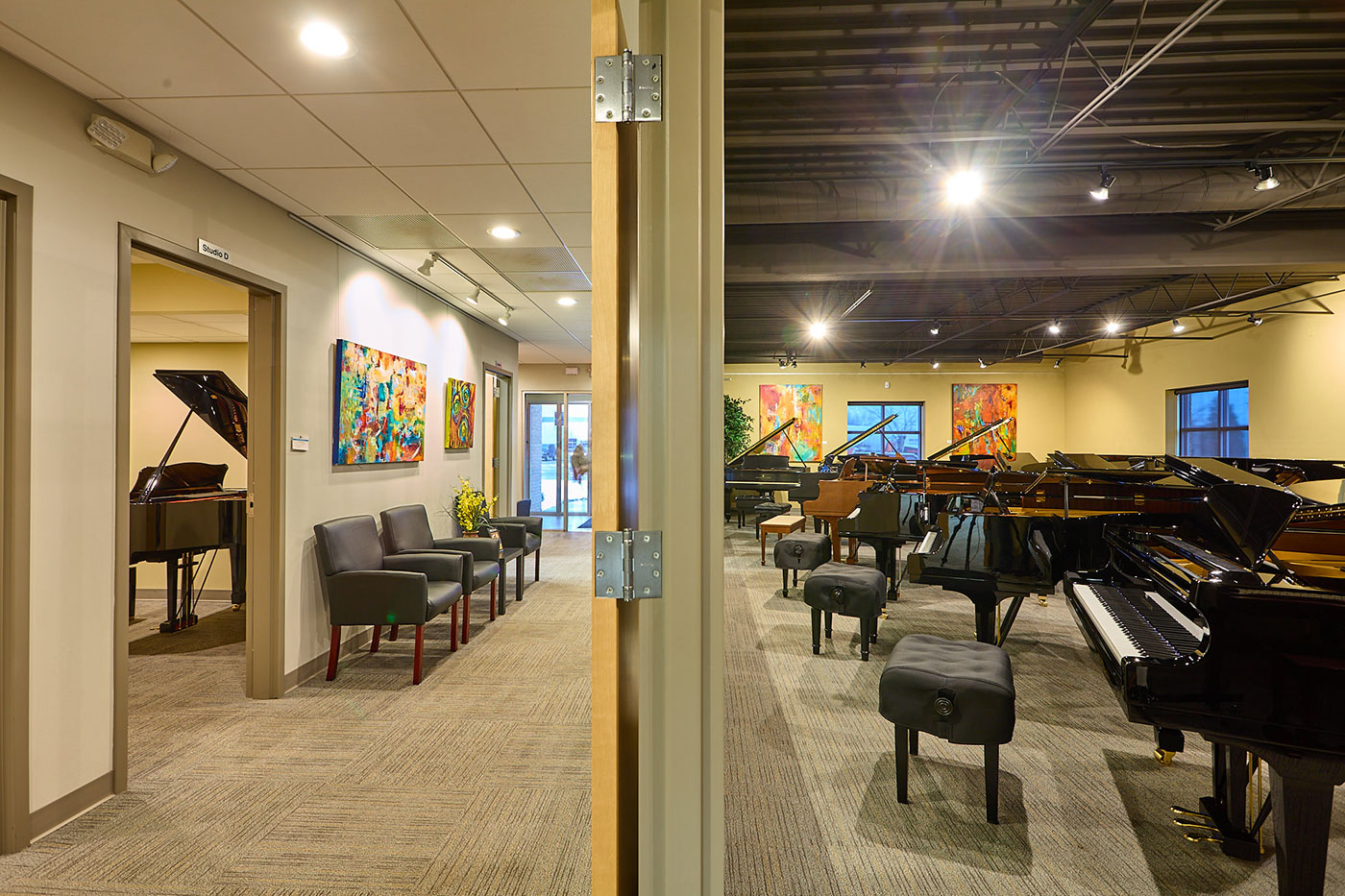 Split View of Hulbert Piano showroom and hallway with classrooms