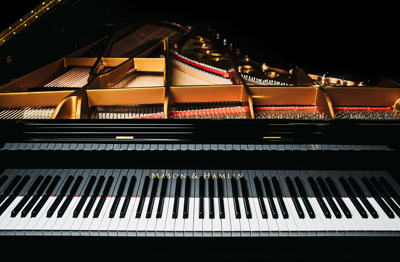 Piano player's view of keys and strings of a Mason & Hamlin grand piano