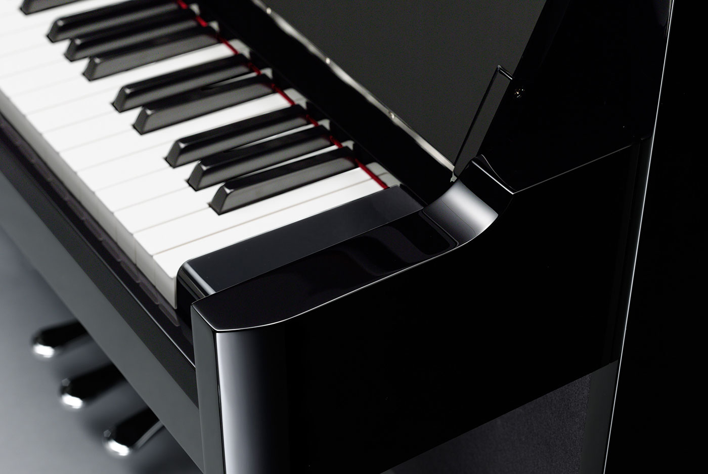 Close-up of keys of a Yamaha hybrid piano